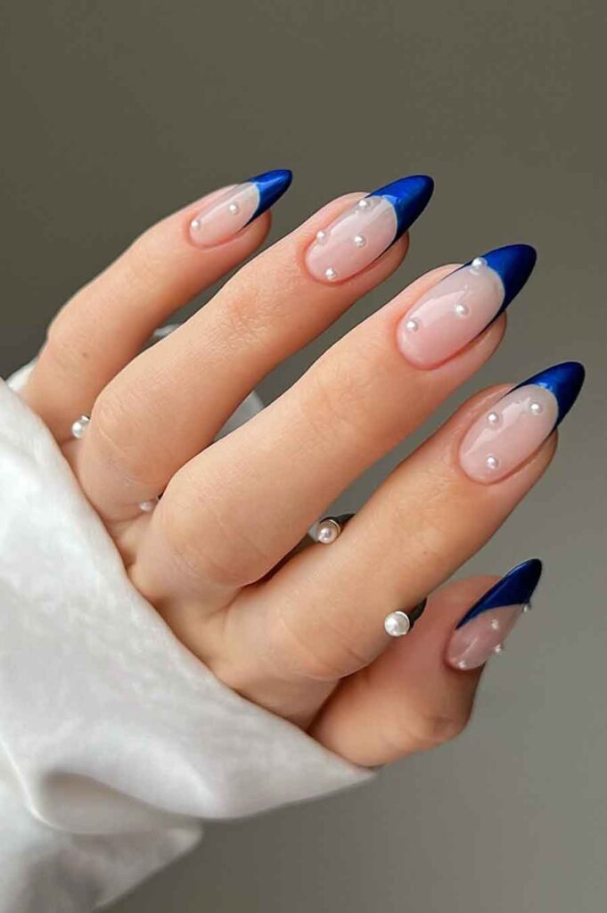Pearl Navy French Almonds Pearl Navy French Almonds — Navy Blue Nails