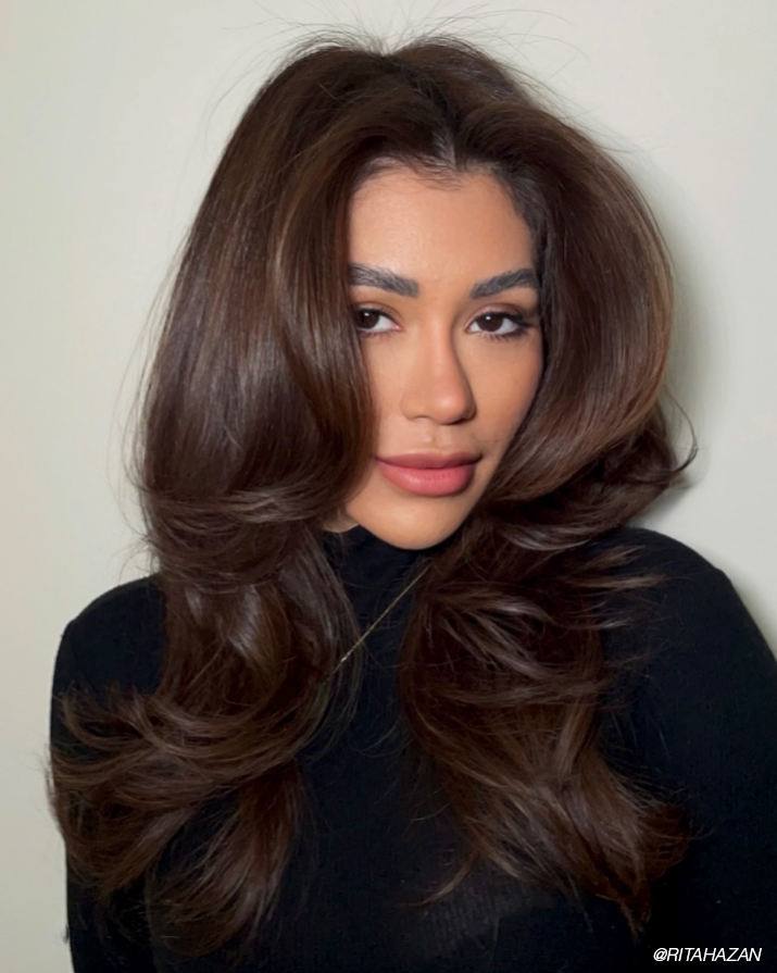 Collarbone Blowout With Warm Highlights Collarbone Blowout With Warm Highlights — Dark Chocolate Brown Hair
