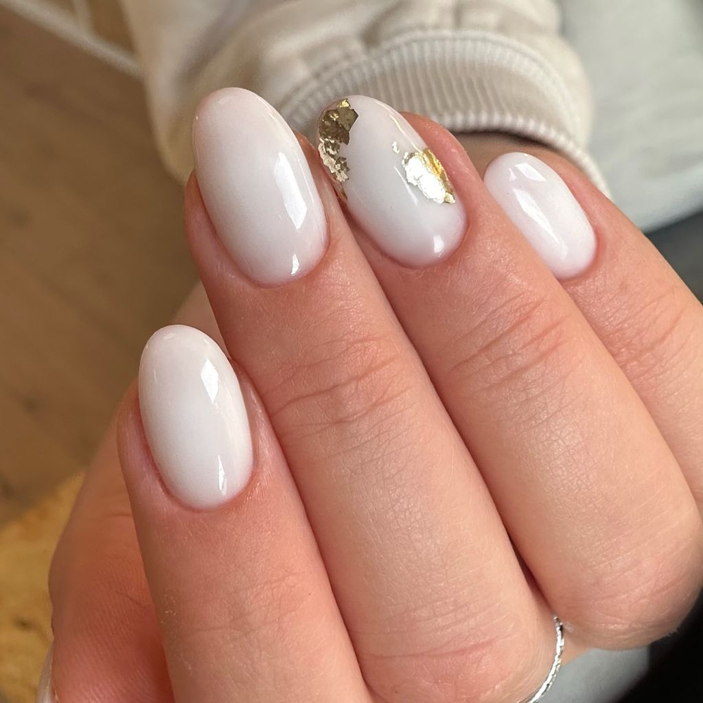 Milky White Oval with Gold Foil Accent — Milky White Nails