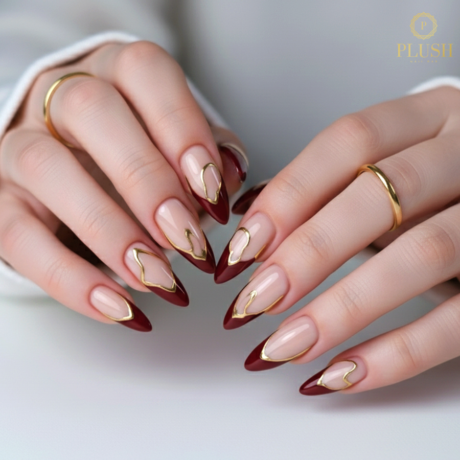 Abstract Gold Line French Almond Nails Abstract Gold Line French Almond Nails — Almond Nail Inspo