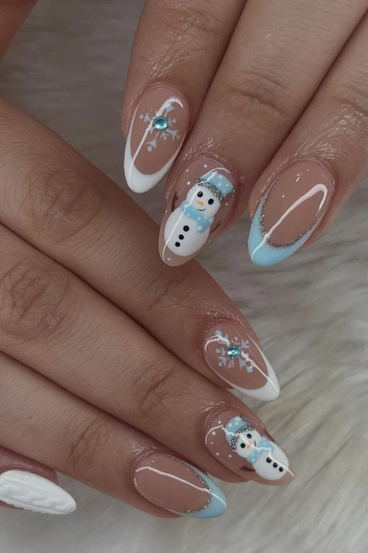 Snowman Art with Blue French Almond Nails — Winter Acrylic Nails