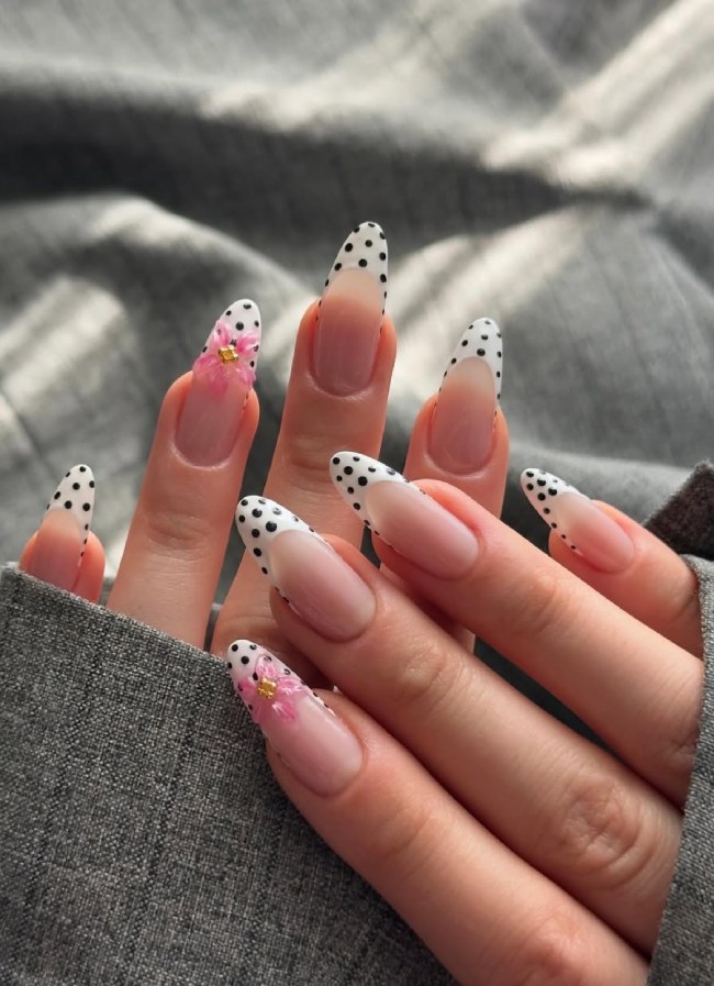 Playful Summer Long Almond Polka Dot French Floral Nails Playful Summer Long Almond Polka Dot French Floral Nails — Almond Nail Designs