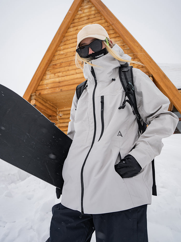 Technical Performance: Light Grey Jacket and Black Pants Technical Performance: Light Grey Jacket and Black Pants — Snowboarding Outfits