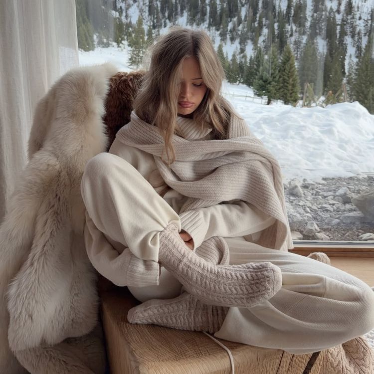 Cream Knit Loungewear Set with Matching Scarf and Socks Cream Knit Loungewear Set with Matching Scarf and Socks — Loungewear Outfits