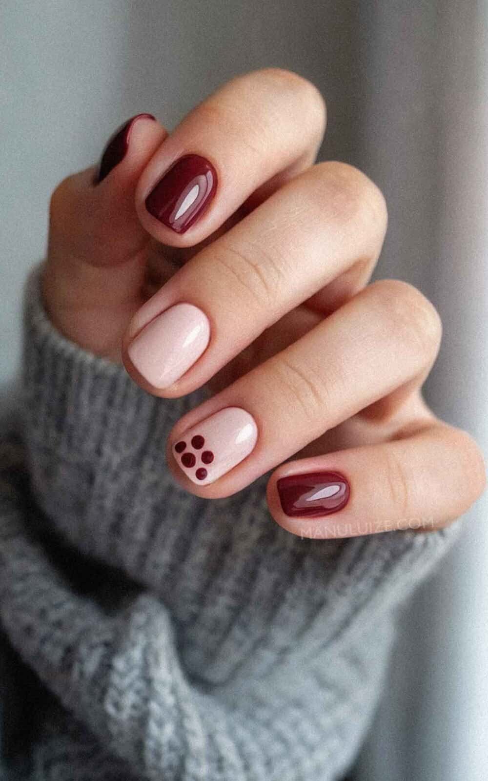 Burgundy and Pale Pink Color Block Dots Burgundy and Pale Pink Color Block Dots — Burgundy Nails