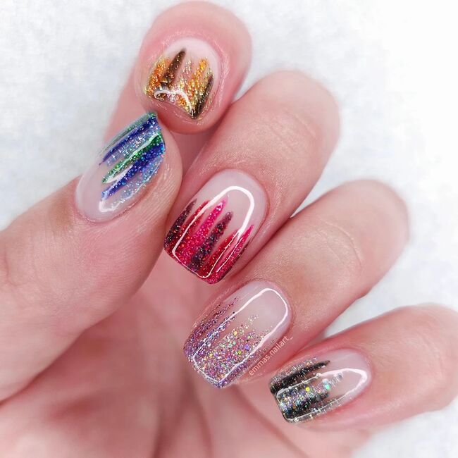 Abstract Glitter Brush Strokes — Short Winter Gel Nails