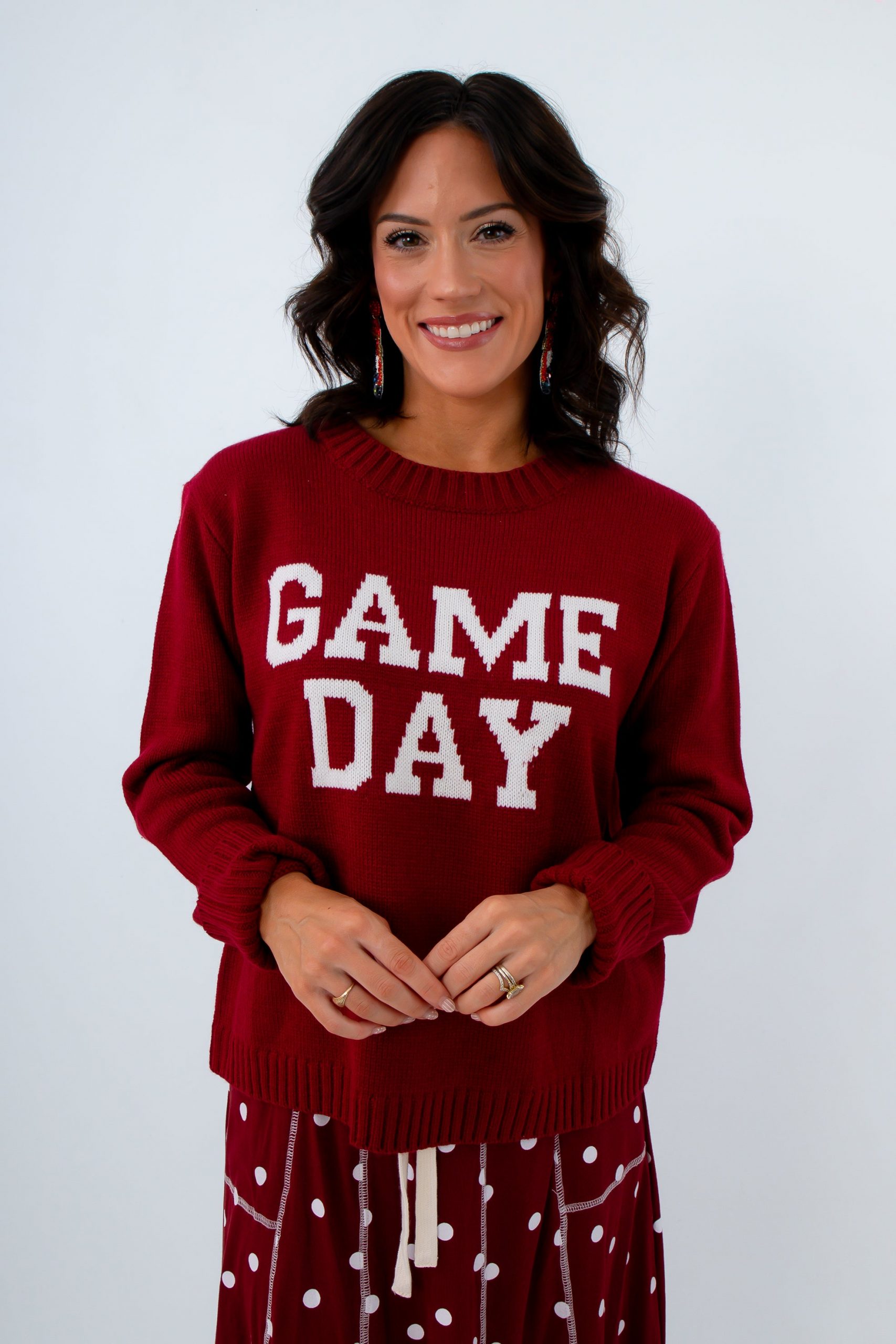 Graphic 'GAME DAY' Sweater with Polka Dot Pants — Cold Weather Game Day Outfits
