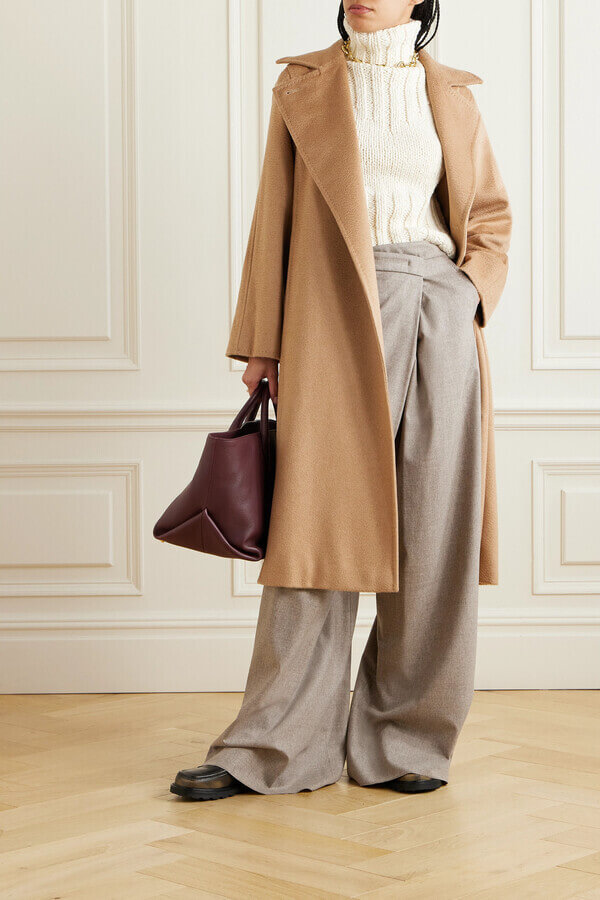 Camel Longline Coat with Cream Knit and Grey Trousers Camel Longline Coat with Cream Knit and Grey Trousers — Minimalist Winter Outfits