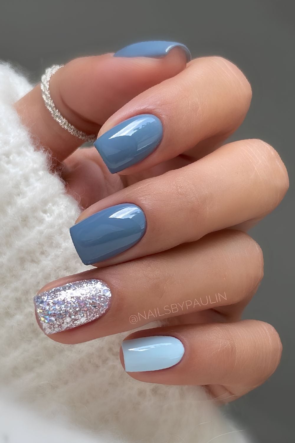 Short Square Blue with Silver Glitter Accent — Winter Blue Nails