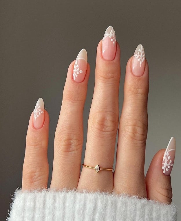 Sheer Pink French with Snowflake Tips — Minimalist Winter Nails
