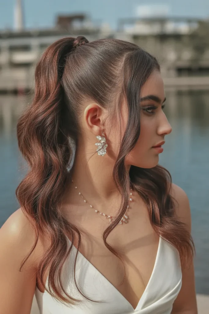 High Ponytail With Polished Waves and Bangs — Winter Date Night Hairstyles