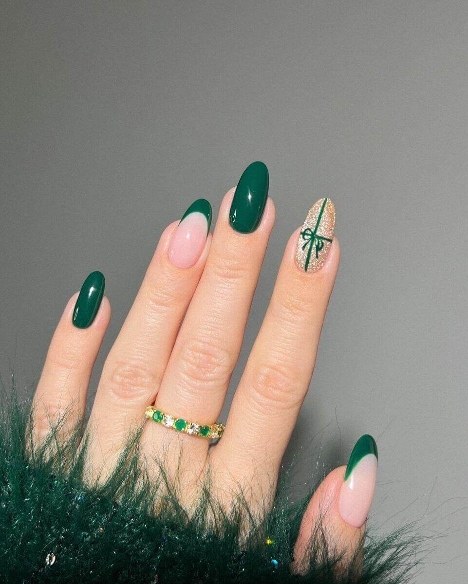 Deep Green French Tips with Gold Bow Accent — Winter Green Nails