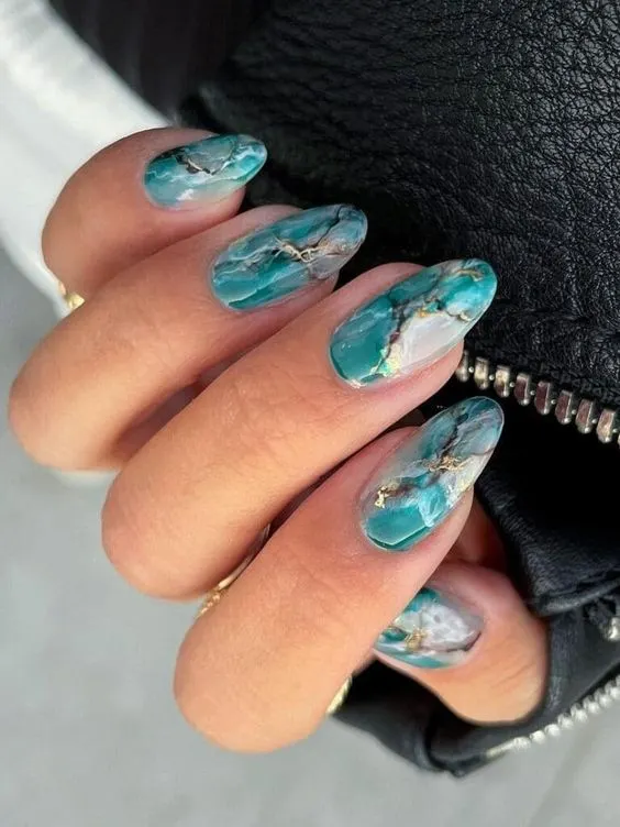 Teal and Green Marble with Gold Foil — Winter Marble Nails