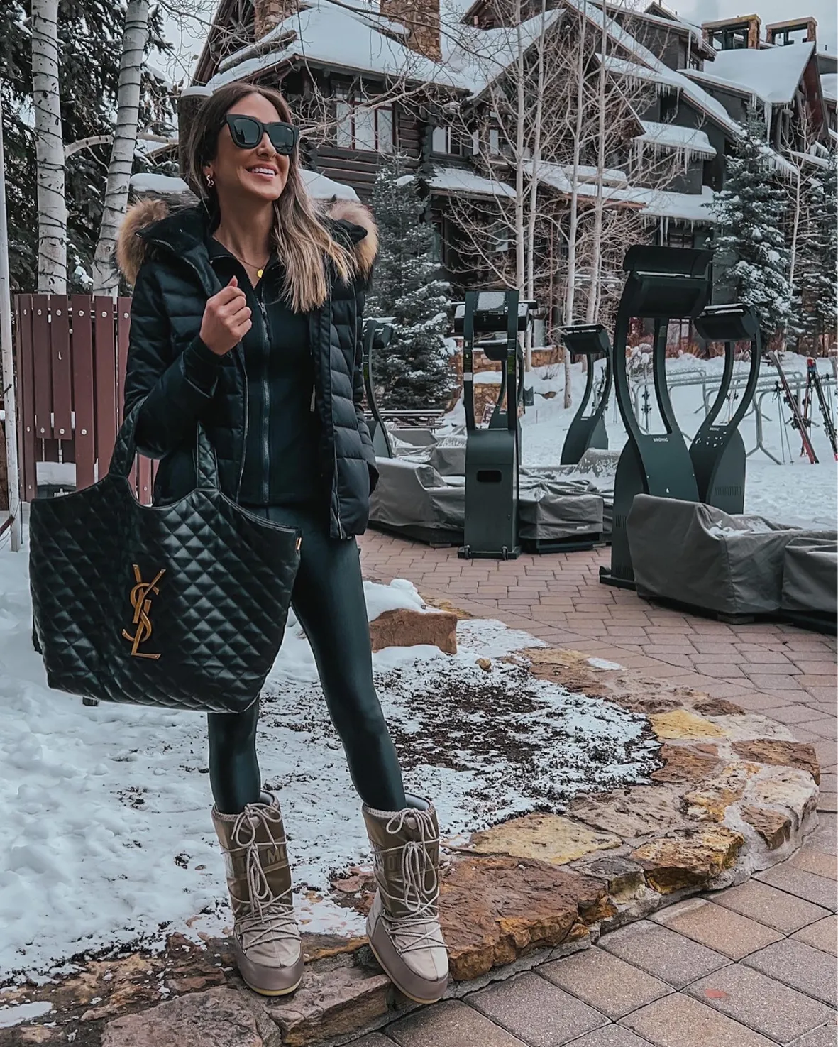 Taupe and Grey Moon Boots with Layered Black Jackets — Moon Boots Outfits