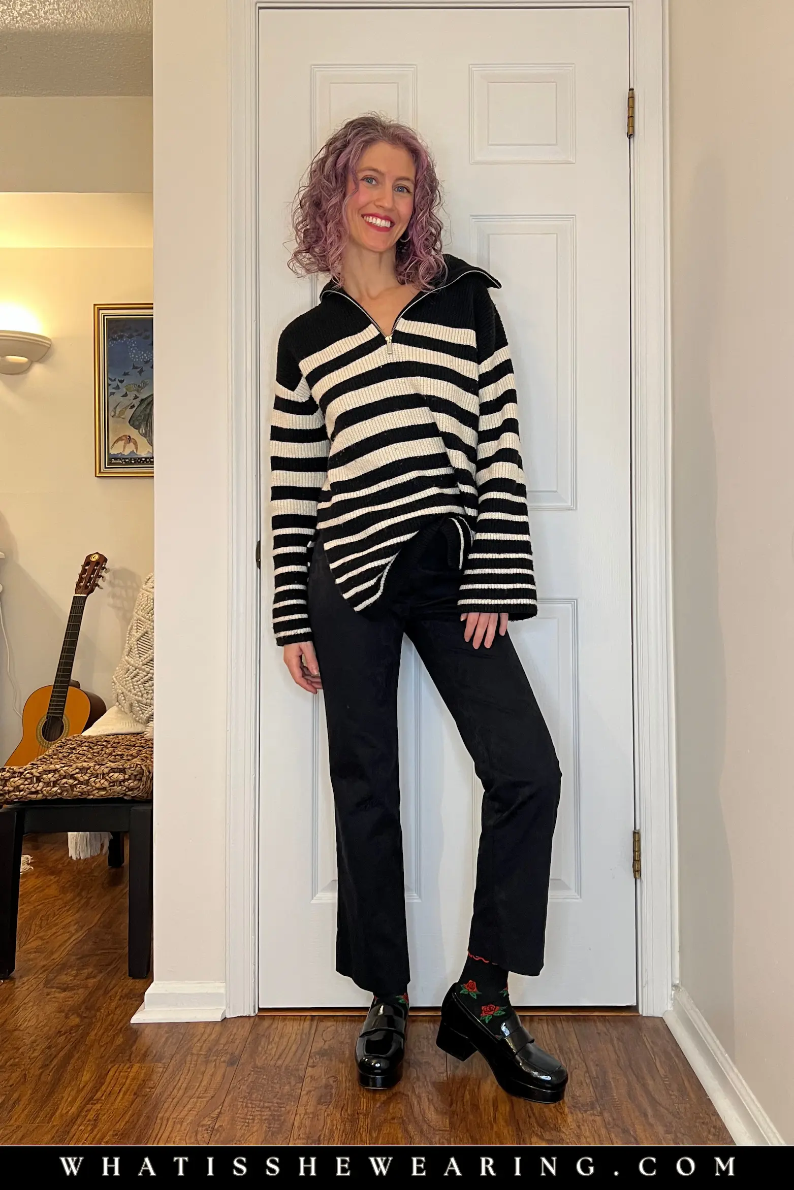 Bold Stripes: Half-Zip Sweater with Black Pants Bold Stripes: Half-Zip Sweater with Black Pants — Oversized Sweater Outfits