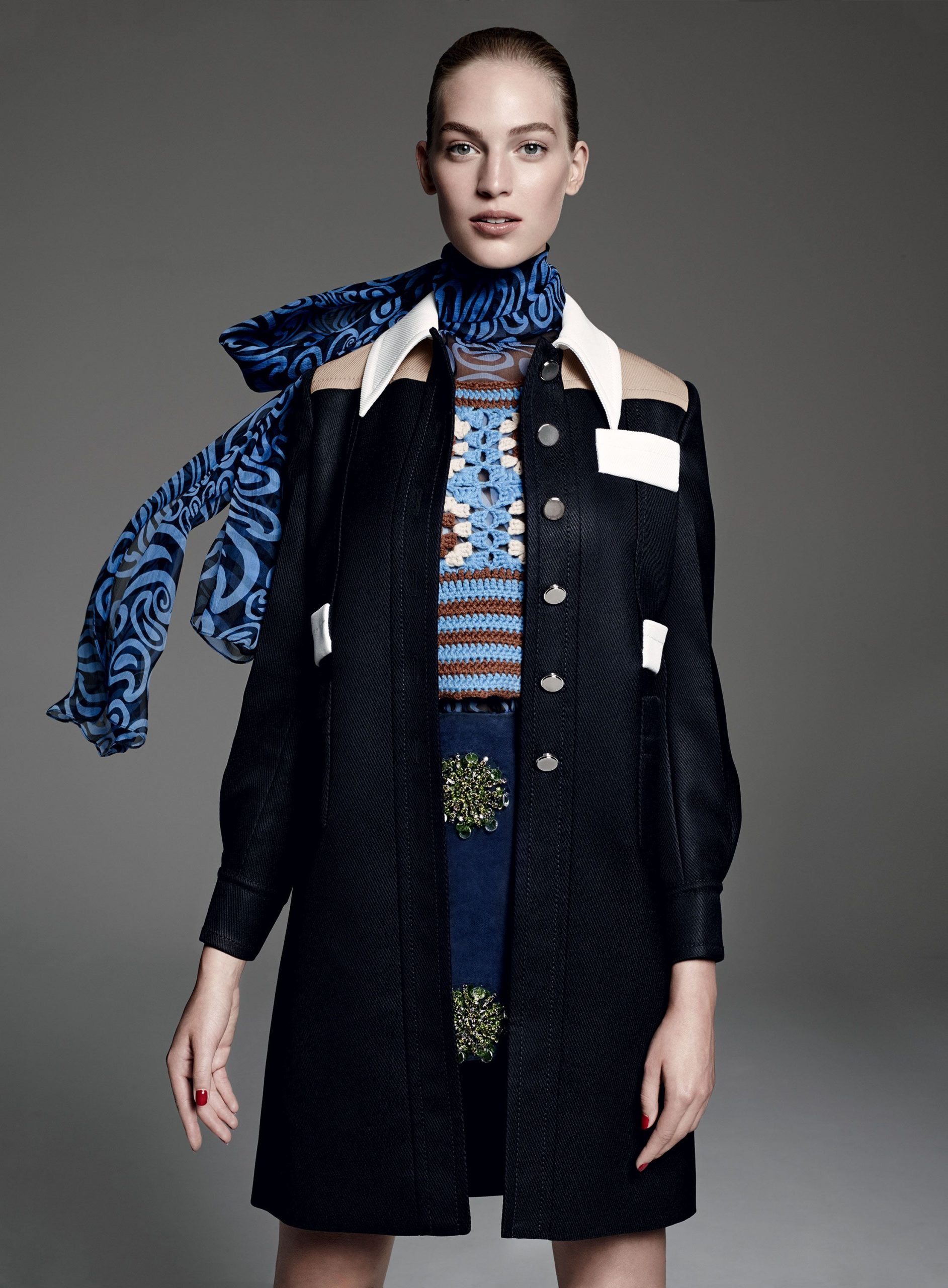 Contrasting Lapel Coat Over Crochet Knit Top — Winter Layering Outfits