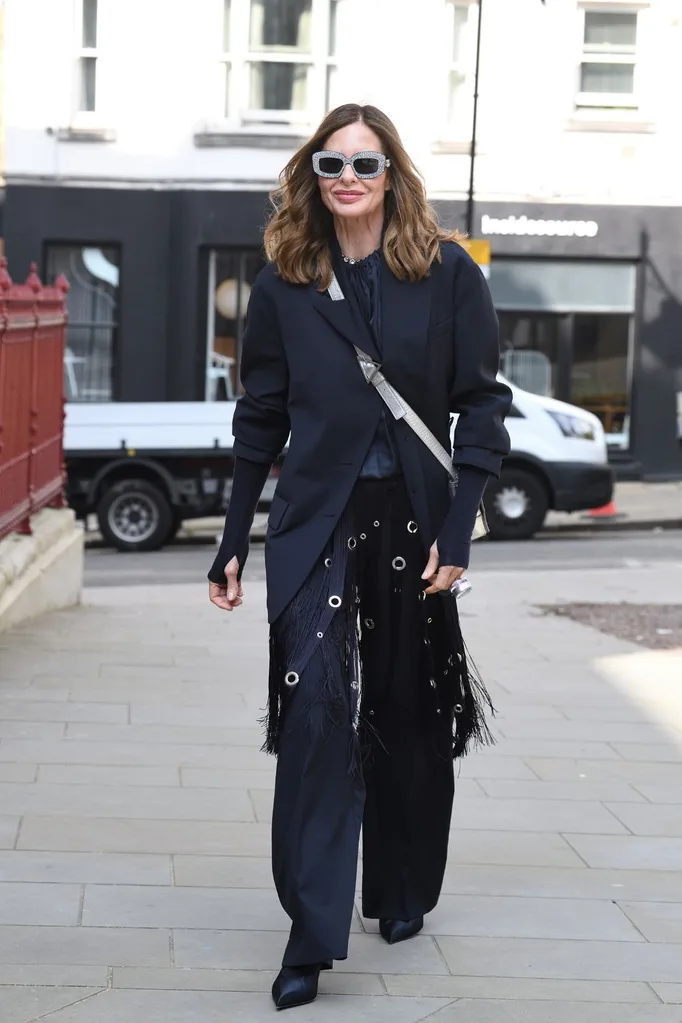 Navy Blazer with Ornate Fringe Trousers for Sophisticated City Wear London Winter Outfits