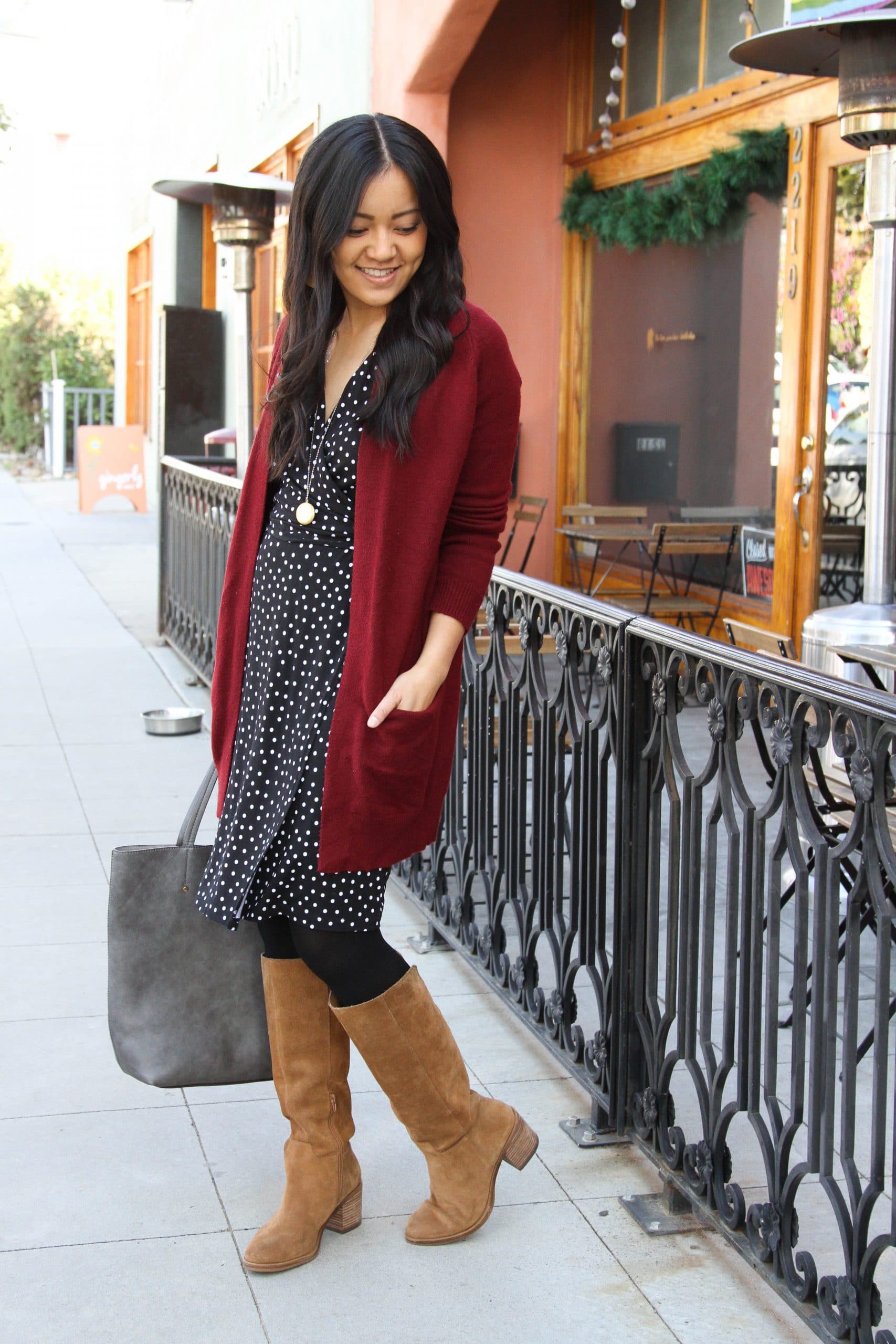 Tan Suede Knee-High Boots with Polka Dot Dress and Maroon Cardigan — Suede Boots Outfits