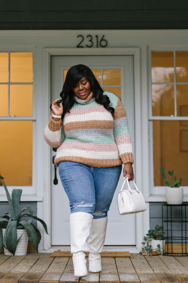 Chunky Striped Turtleneck and White Boots for a Cozy Winter Statement Chunky Striped Turtleneck and White Boots for a Cozy Winter Statement — Winter Outfits for Plus Size Women