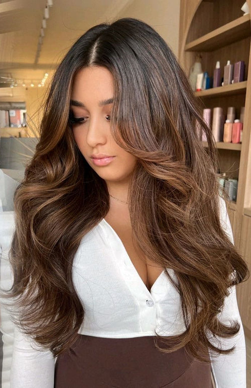 Rich Espresso Brown With Caramel Highlights Rich Espresso Brown With Caramel Highlights — Winter Brown Hair Colors