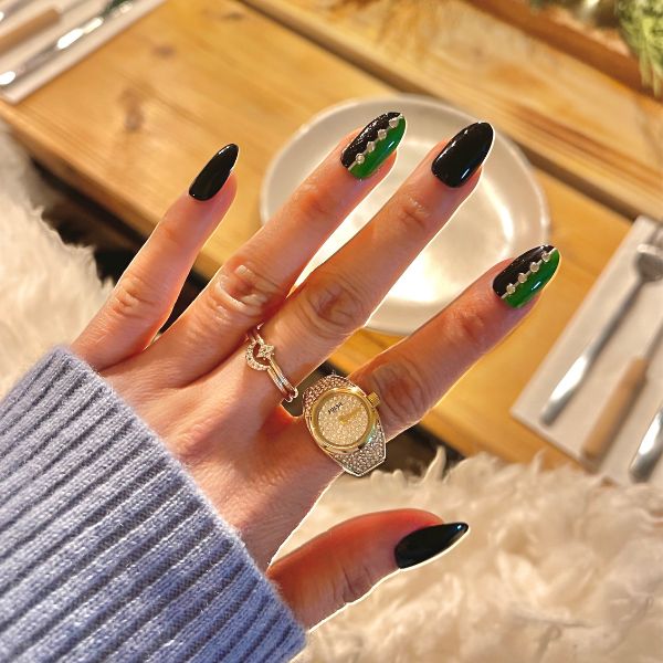 Black and Emerald Green Geometric Rhinestones — Winter Nails