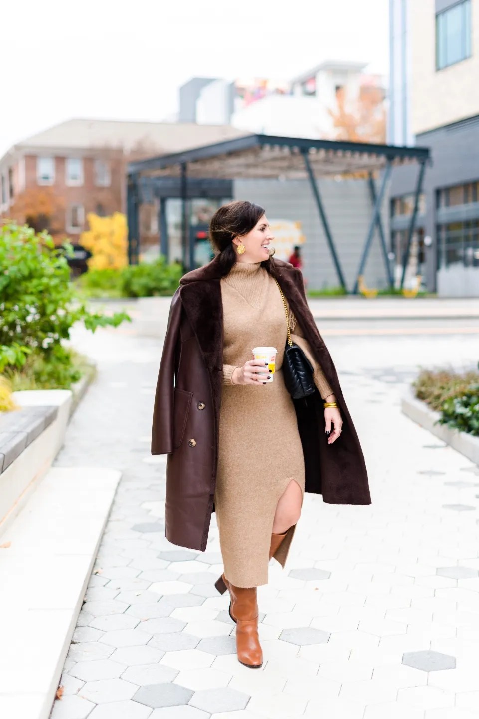 Beige Knit Midi Dress with Shearling Coat and Leather Boots for Casual Warmth — Dressy Winter Outfits