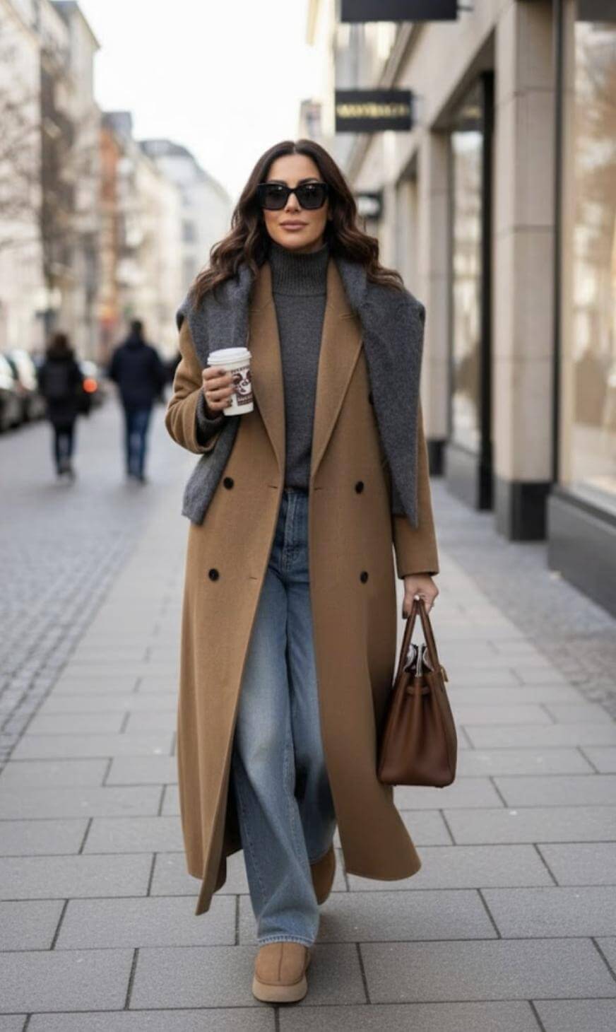 Long Camel Coat with Ugg Boots for Casual Wear Warm Winter Outfits