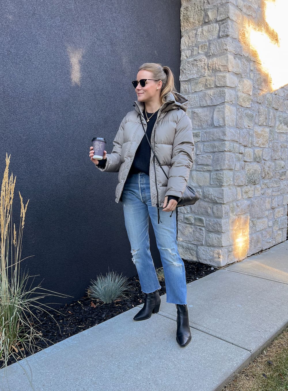 Urban Chic: Puffer Jacket with Distressed Jeans — Winter Brunch Outfits