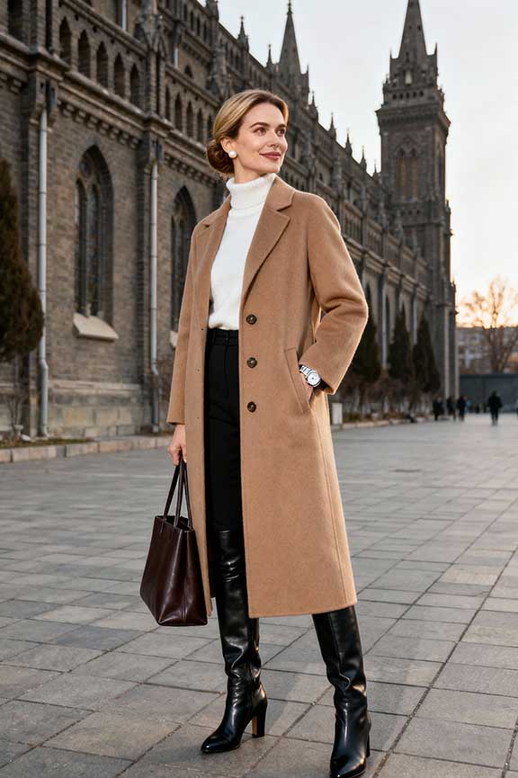 Camel Wool Coat Over Turtleneck and Black Trousers Camel Wool Coat Over Turtleneck and Black Trousers — Winter Church Outfits