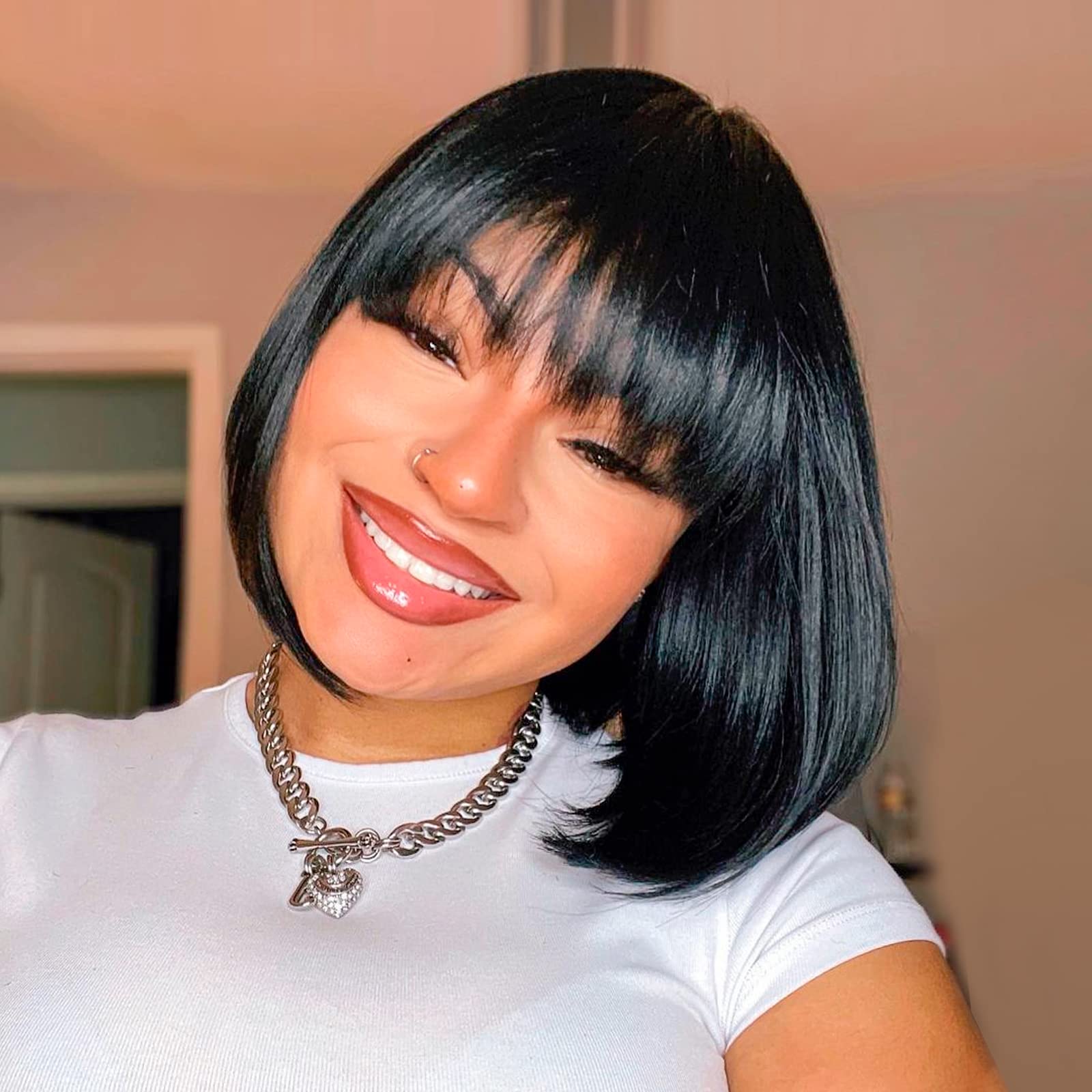 Chin-Length Jet Black Bob With Flipped Ends Chin-Length Jet Black Bob With Flipped Ends — Jet Black Hair