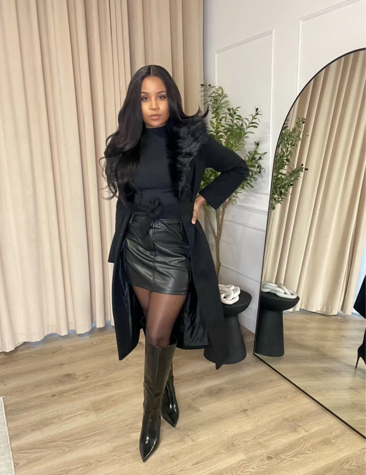 Leather Mini Skirt and Fur-Trimmed Coat Ensemble Leather Mini Skirt and Fur-Trimmed Coat Ensemble — All Black Winter Outfits