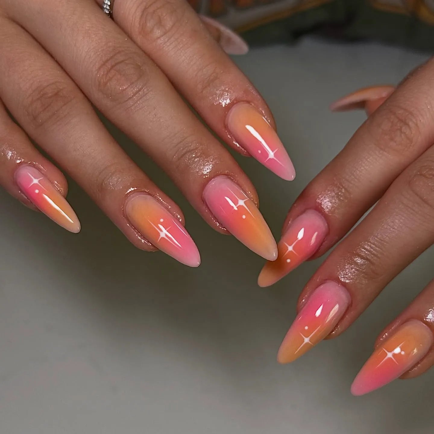 Pink Orange Glitter Star Ombre Stilettos Pink Orange Glitter Star Ombre Stilettos — Ombre Nail Designs