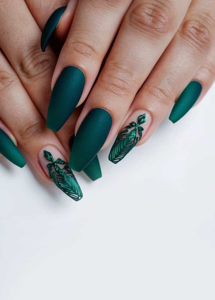 Matte Forest Green with Metallic Leaf Decals Matte Forest Green with Metallic Leaf Decals — Green Nail Designs