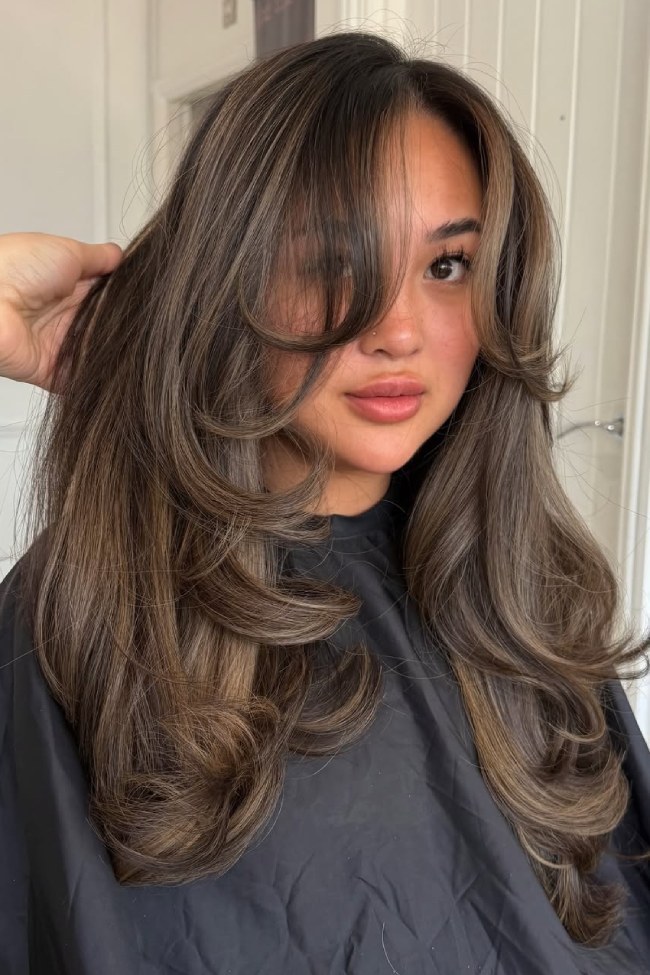 Long Layers With Curtain Bangs Mid-Back Smoky Ash Brown With Ash Blonde Highlights — Ash Brown Hair