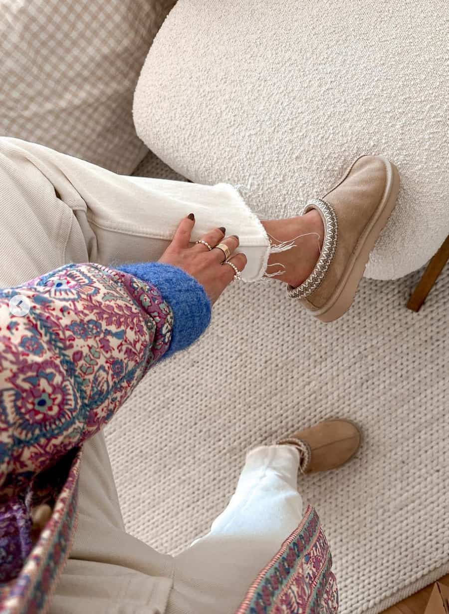 Ugg Tasman Slippers with Patterned Jacket and Knit Sweater — Ugg Slippers Outfits