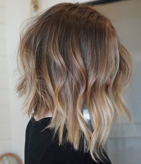 Medium Brown Lob with Blonde Balayage — Winter Hair Colors for Short Hair