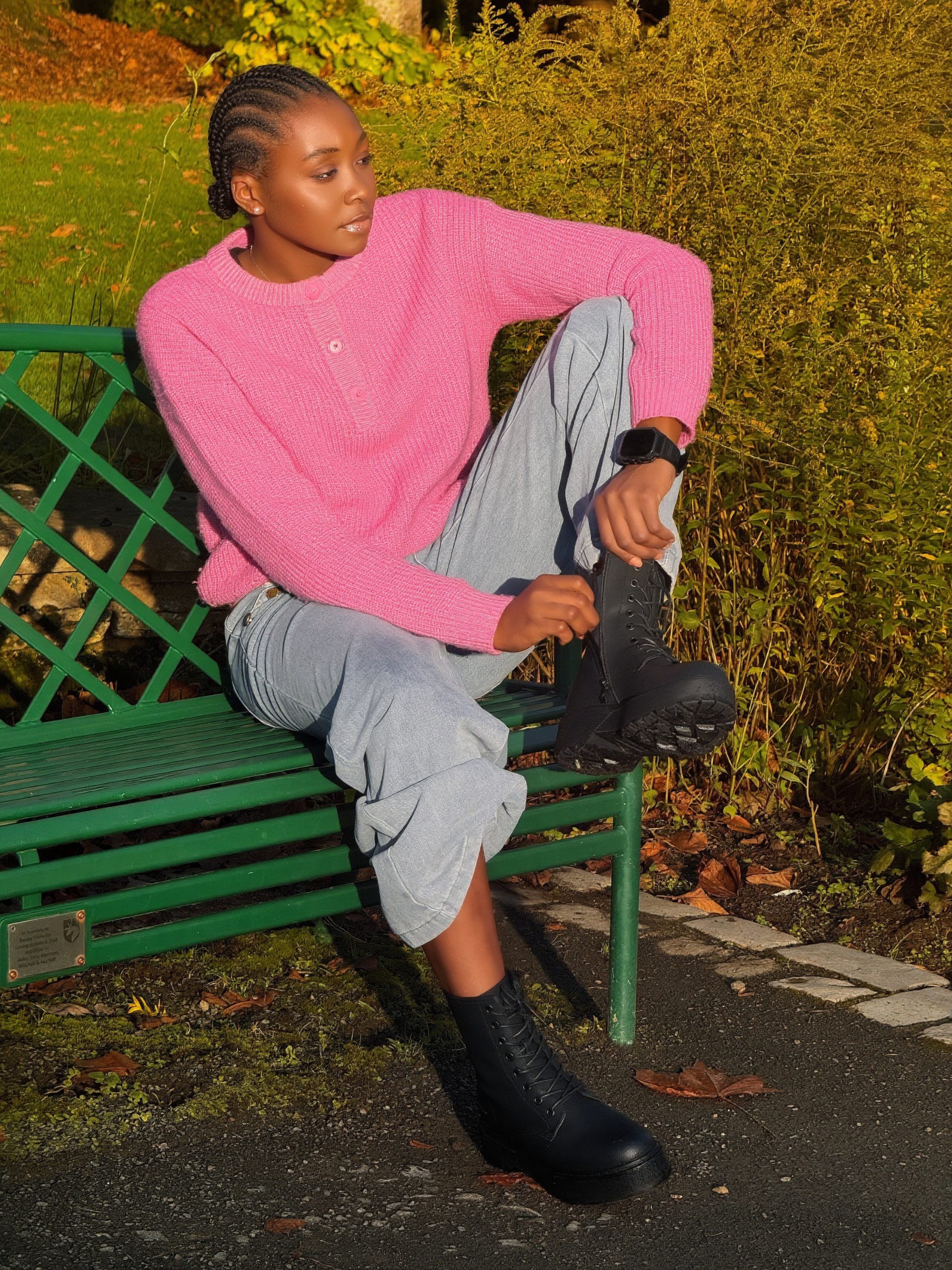 Pink Crewneck Sweater with Grey Pants and Black Boots — Winter Outfits for Black Girls