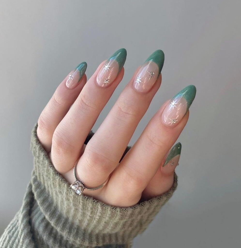 Green French Tips with Star Rhinestones — Winter Green Nails