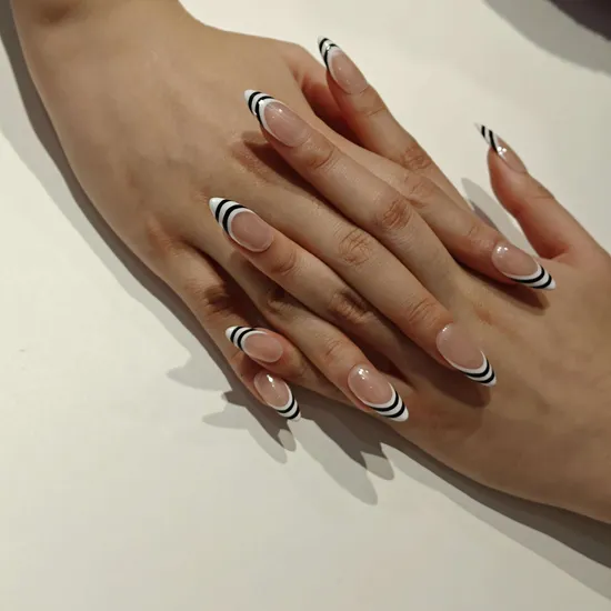Nude with Black and White Stripe French Tips Nude with Black and White Stripe French Tips — Trendy Almond Nail Designs