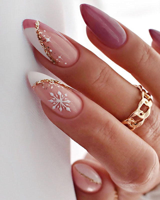 Sheer Pink Snowflake Almond Nails — Winter Glitter Nails