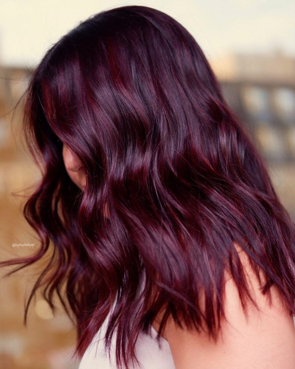 Deep Plum Shoulder Length Waves — Plum Hair Color