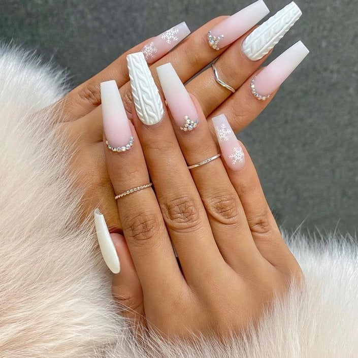 Matte White Cable Knit Long Coffin Nails — Winter Acrylic Nails