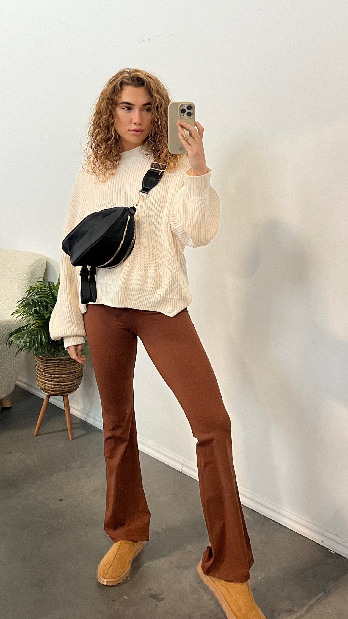 Cozy Oversized Sweater and Suede Clogs — Flare Leggings Outfits