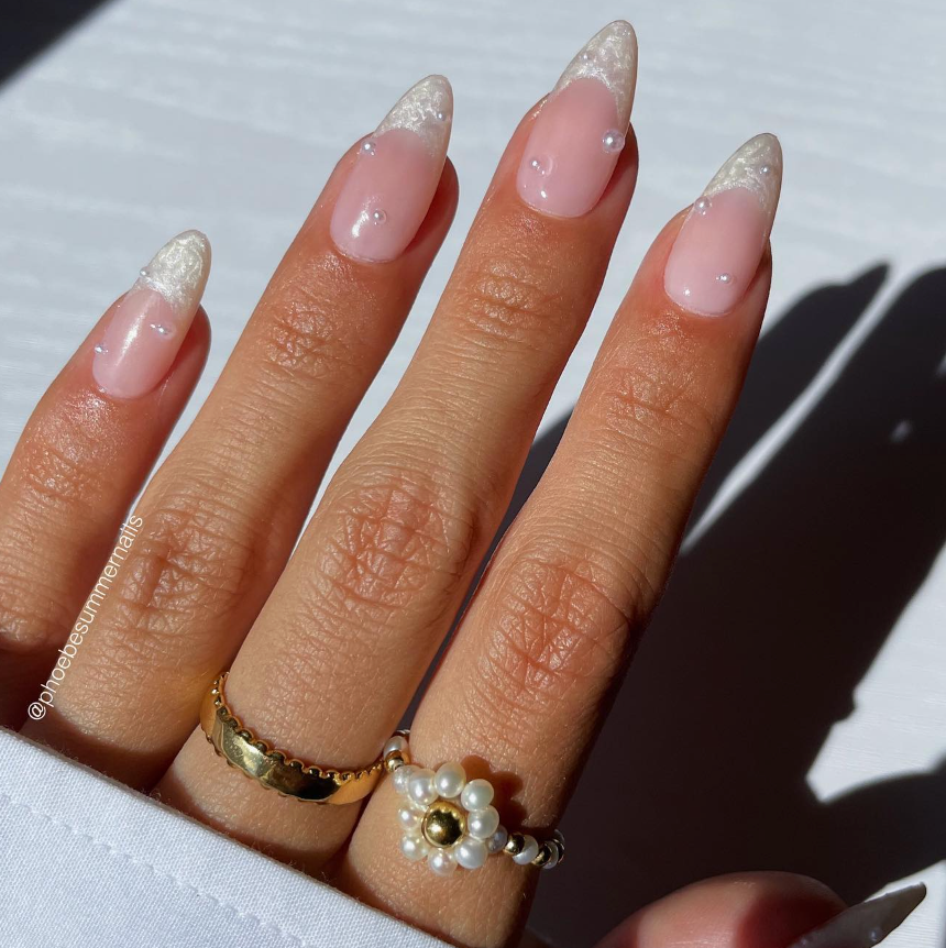 Lace French Tip Pearl Embellished Stiletto Nails — Winter Wedding Nails