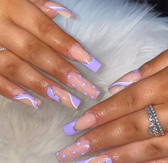 Swirls And Floral Accents Visual Idea — Coffin Nail Designs