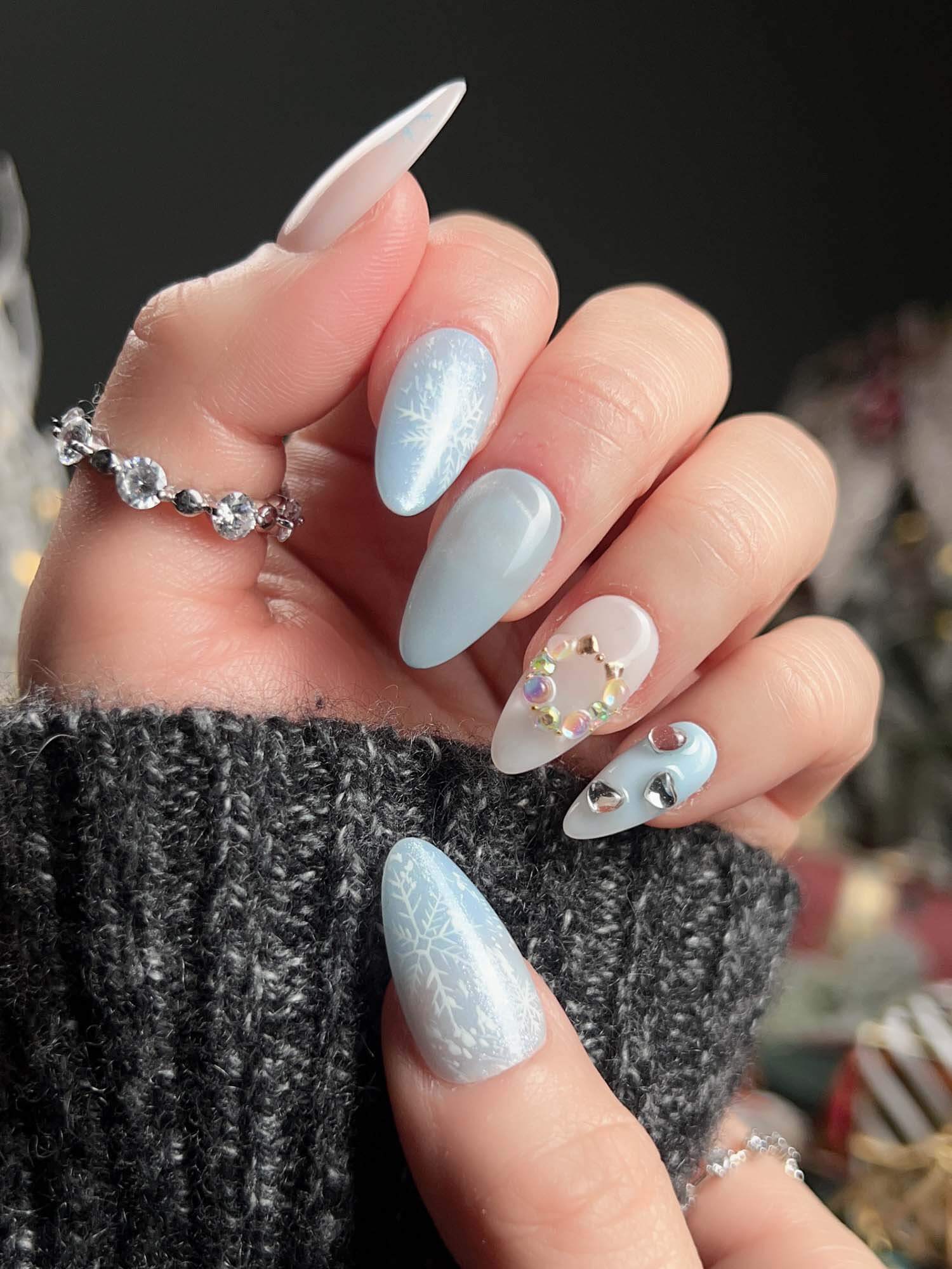 Light Blue Snowflake Almonds with Charms — Winter Almond Nails