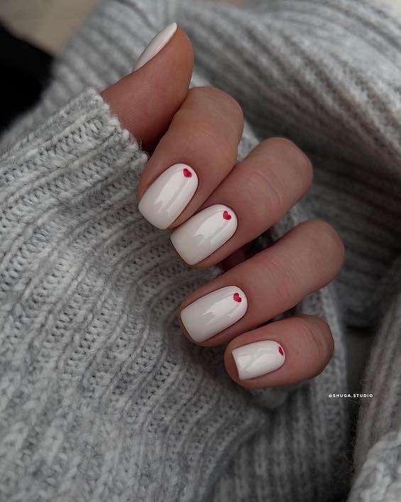 Milky White Short Square with Red Hearts — Milky White Nails