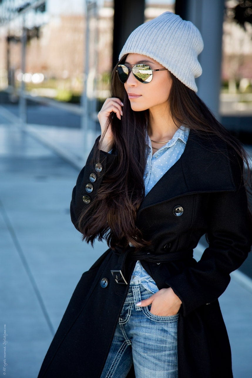 Casual Day Out Light Grey Beanie with Belted Coat and Patterned Shirt — Beanie Outfits