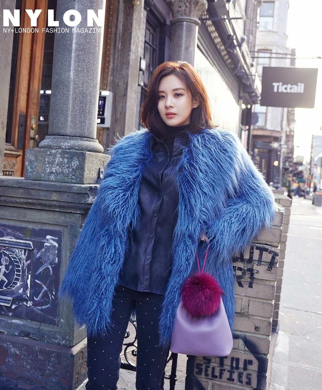 Striking Blue Faux Fur Coat with Grey Pleated Skirt — Korean Winter Outfits