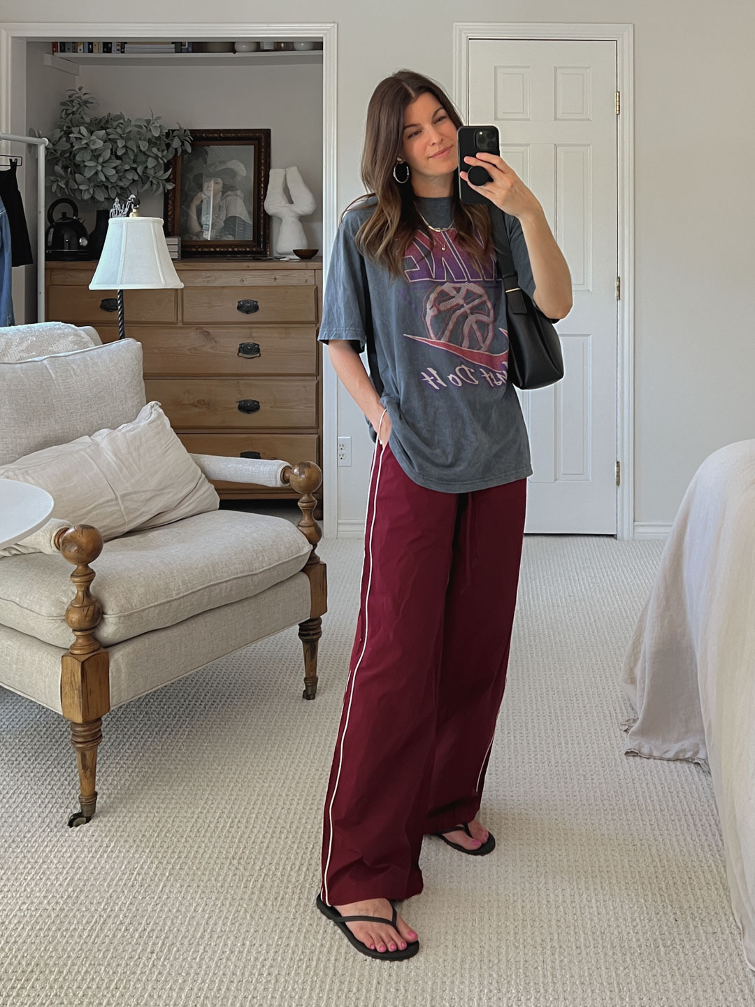Relaxed Burgundy Track Pants with Graphic Tee and Flip-Flops — Burgundy Outfits